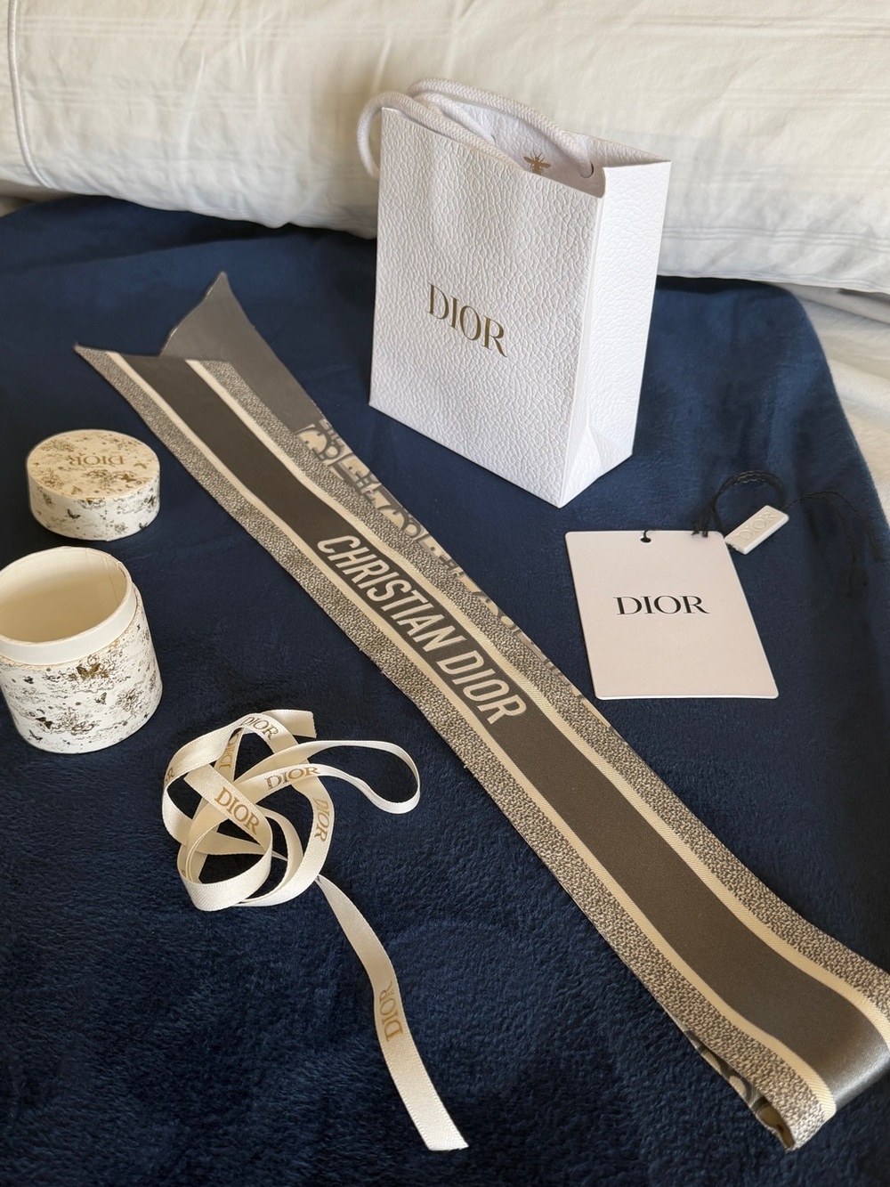 Dior Gray and White Woven Logo Band with Ribbon